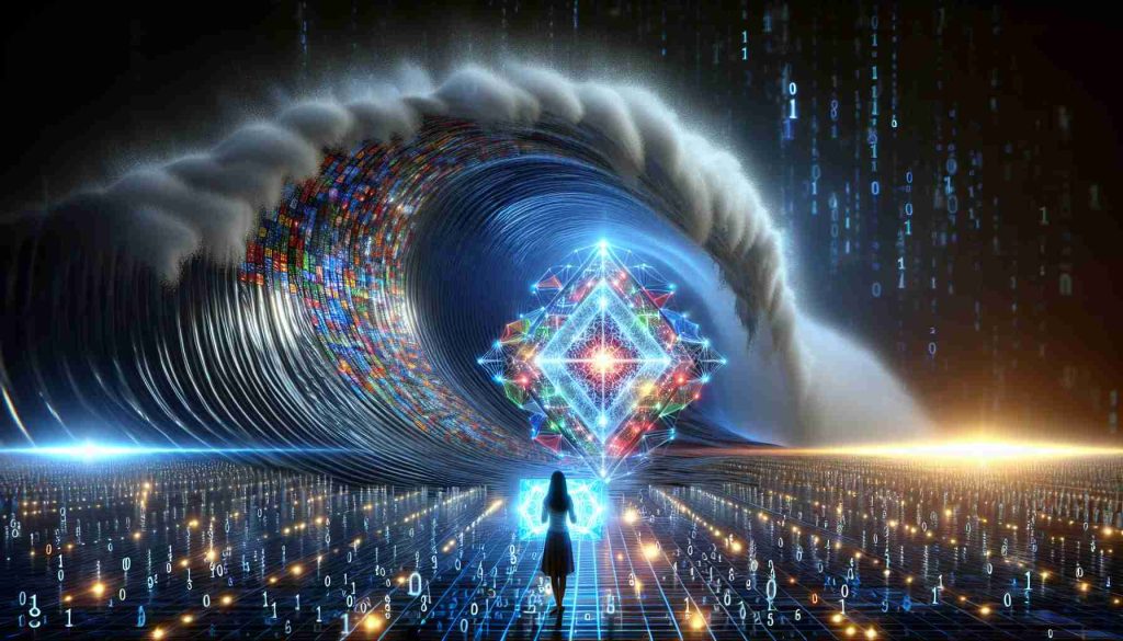 A high-definition, realistic image symbolically illustrating the next wave of cybersecurity in the quantum age. Picture a large, digital wave, composed of millions of brightly-lit pixels, rising over a sea of ones and zeros. The wave represents the upcoming quantum age. In the foreground, a solitary figure of an Asian woman holding a glowing shield representing cybersecurity measures, stands at the edge of this digital sea, preparing for the wave. The shield emits an array of multicolored, complex geometric shapes, symbolizing various quantum encryption techniques. The overall ambience of the scene is futuristic and full of anticipation.