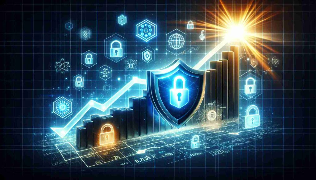 High definition, realistic illustration depicting the metaphorical rise in confidence in the future of Arqit Quantum's cybersecurity. This could be depicted through a stylized stock market graph showing a steady upward trend, accompanied by traditional symbols of cybersecurity, like locks, keys, firewalls, and shields. Emphasize radiant light to suggest a promising future.