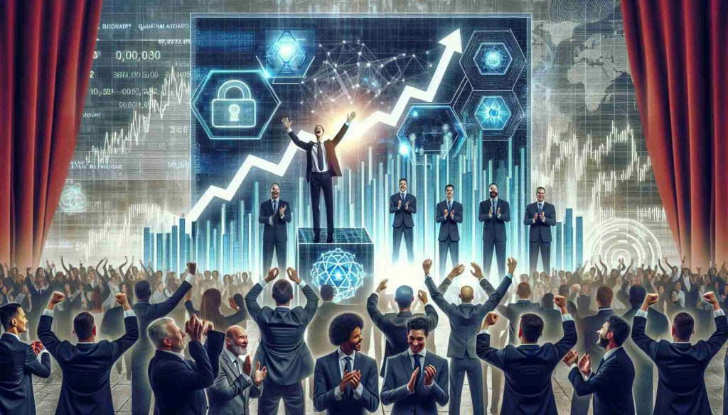 A high-resolution, realistic image showcasing a rising enthusiasm among investors for a cybersecurity innovation company focused on quantum technology. Feature a stock market growth chart in the background implying the company's success, some abstract technology symbols to represent cybersecurity and quantum technology, and a crowd of diverse investors, both male and female from various descents such as Caucasian, Hispanic, Black, Middle-Eastern, and South Asian expressing enthusiasm.