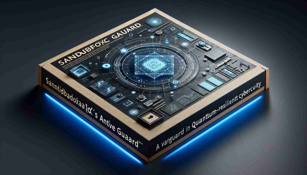 Realistic high-definition image of the promotional material for a conceptual Quantum-Resilient Cybersecurity system, labeled as 'AQtive Guard'. It should highlight it as a fundamental figure in the domain of Quantum-Resilient Cybersecurity, perhaps by using imagery related to cybersecurity such as shields, locks, and binary data streams. The words 'SandboxAQ’s AQtive Guard: A Vanguard in Quantum-Resilient Cybersecurity' should be prominently displayed.